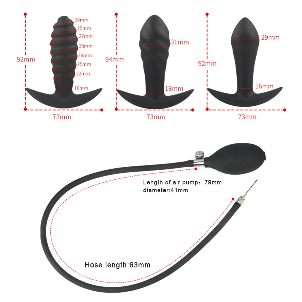 Black inflatable anal plug size diagram showing dimensions for plug, pump, hose
