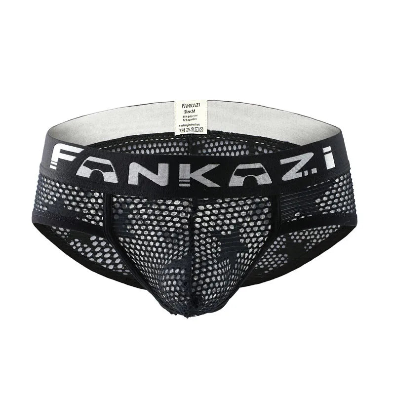 Black breathable brief front view with size tag and logo waistband
