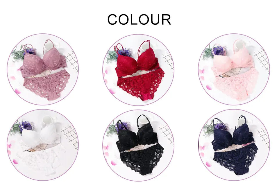 Lace push-up bra set color options: pink, burgundy, white, black, purple, blue