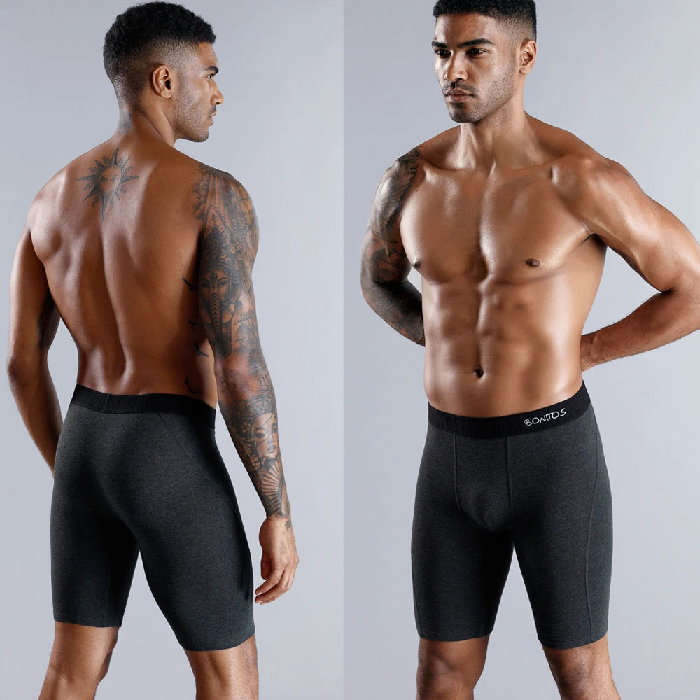 Men's long boxer briefs in dark gray with elastic waistband and fly front.