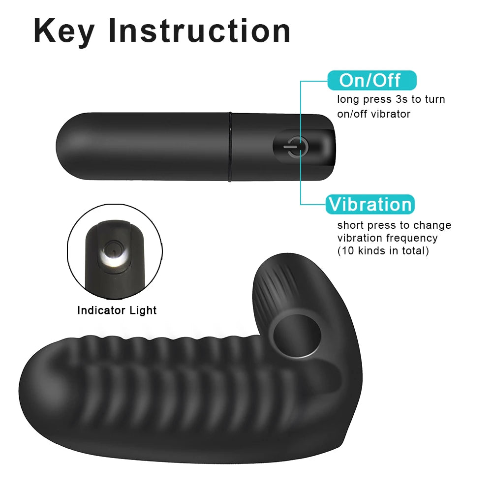 Black finger sleeve vibrator with button on body, indicator light, and ridged base