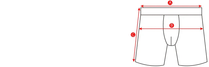 Boxer brief sizing diagram showing length and width arrows on shorts layout.