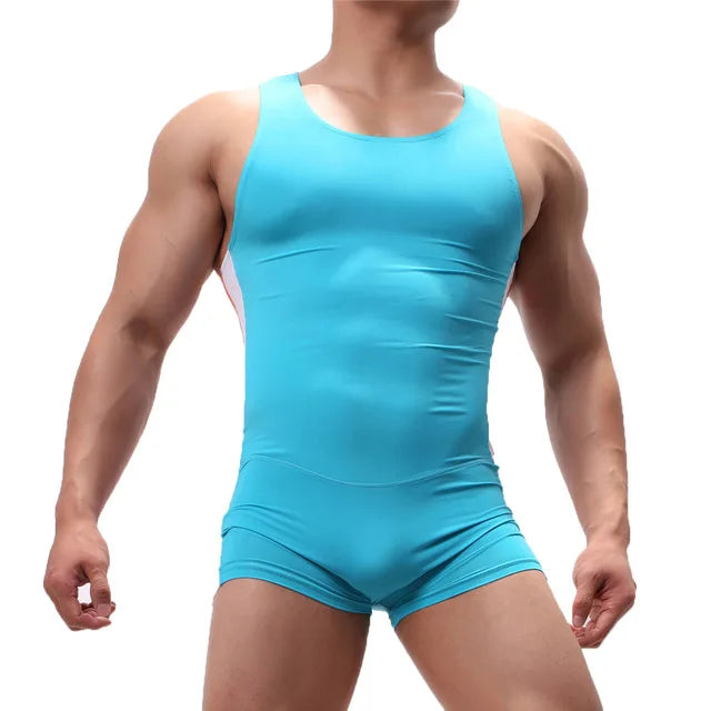 Sky blue sheer mesh singlet bodysuit with scoop neck and short legs, 1pc