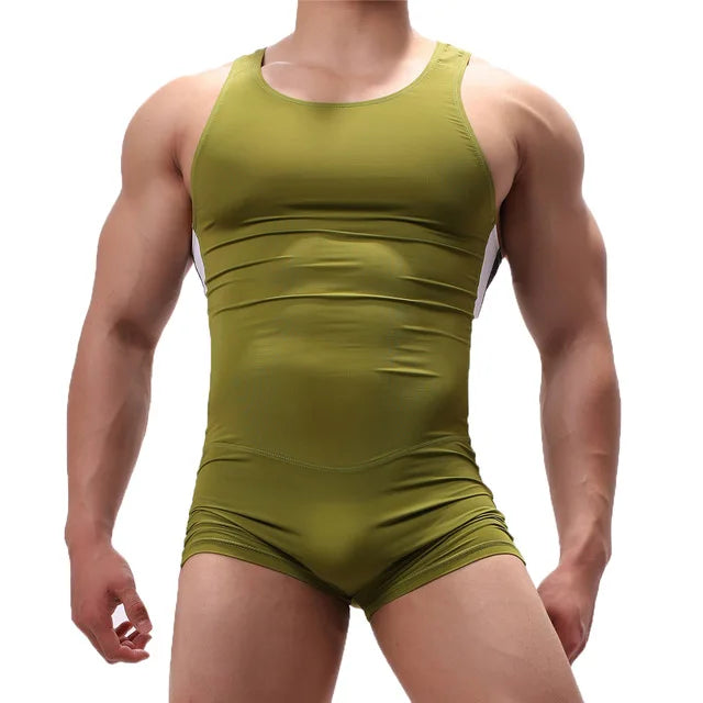 Olive green sheer mesh singlet bodysuit with scoop neck and short legs, 1pc
