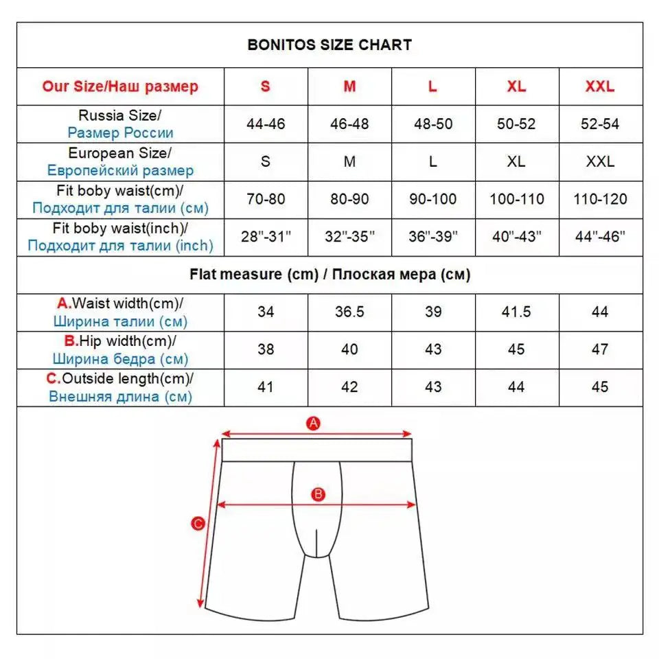 Boxer brief size chart diagram with waist and hip measurement guide.