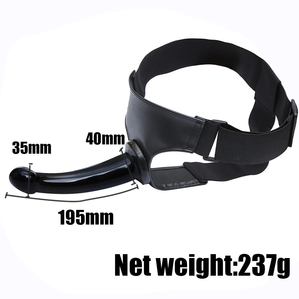 Black strap-on harness with curved dildo insert; front panel and adjustable strap
