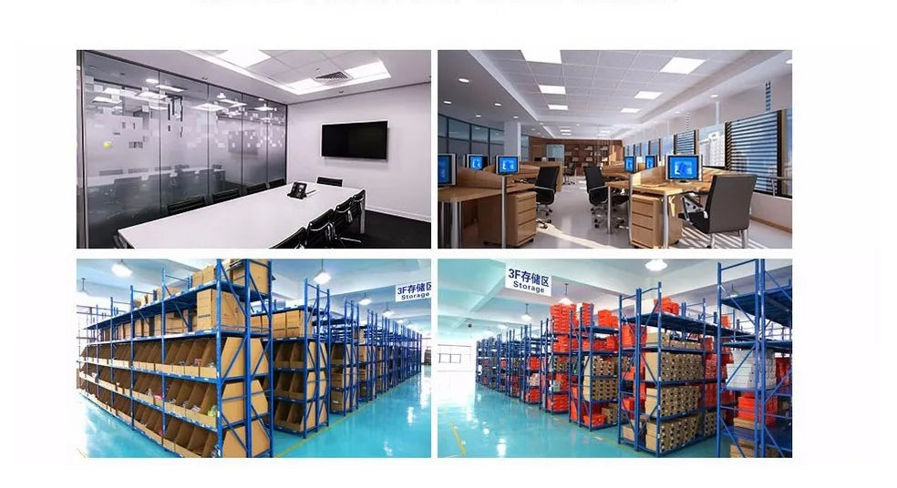 Office and warehouse storage scenes with racks of inventory