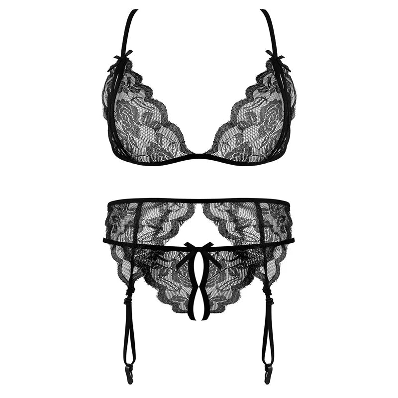 Black lace bra with garter belt, thong and fishnet thigh-high stockings