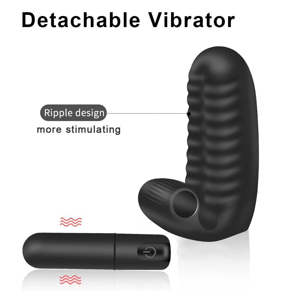 Black detachable finger sleeve vibrator with ripple-textured silicone