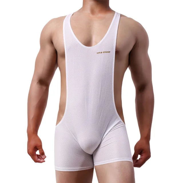 White sheer mesh singlet bodysuit with scoop back, thin straps, and short legs
