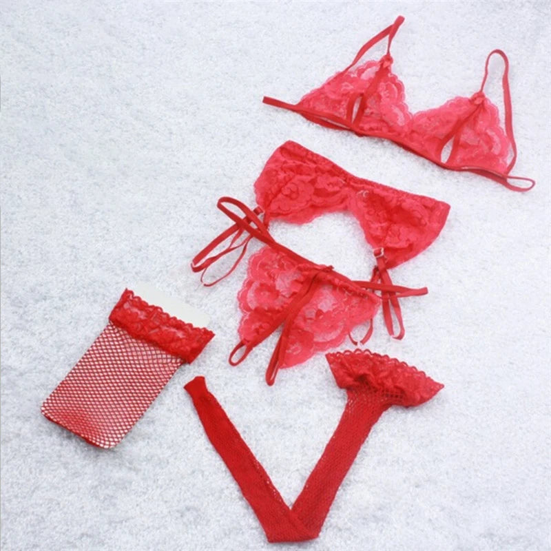 Red lace bra, garter belt, thong and fishnet thigh-high stockings set