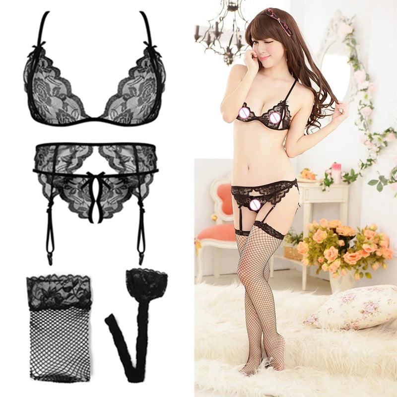 Black lace lingerie set: bra, garter belt, thong and fishnet stockings