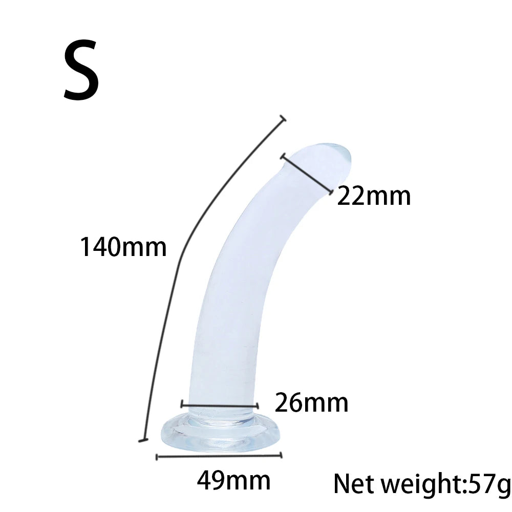 Size S clear dildo with suction base; measurement diagram and net weight 57g