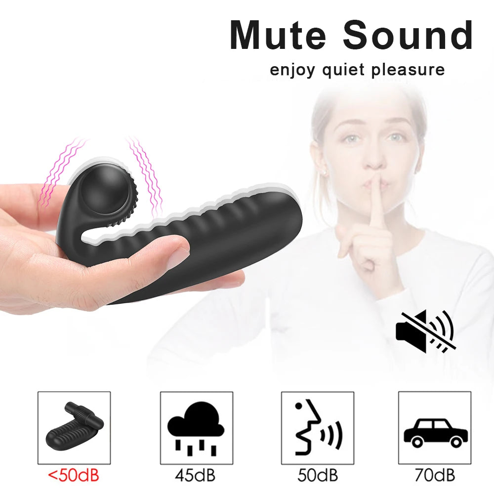 Black finger vibrator with curved base, textured ridges, and domed tip