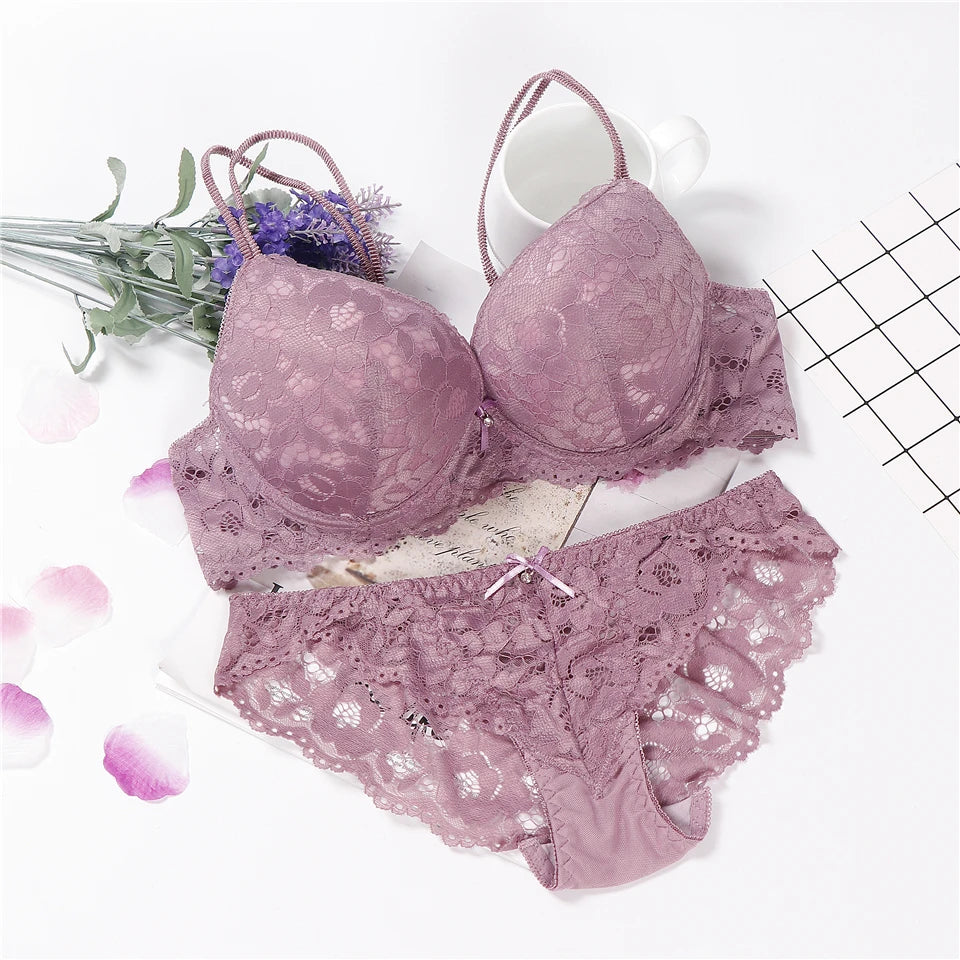 Mauve lace underwired push-up bra and matching briefs set