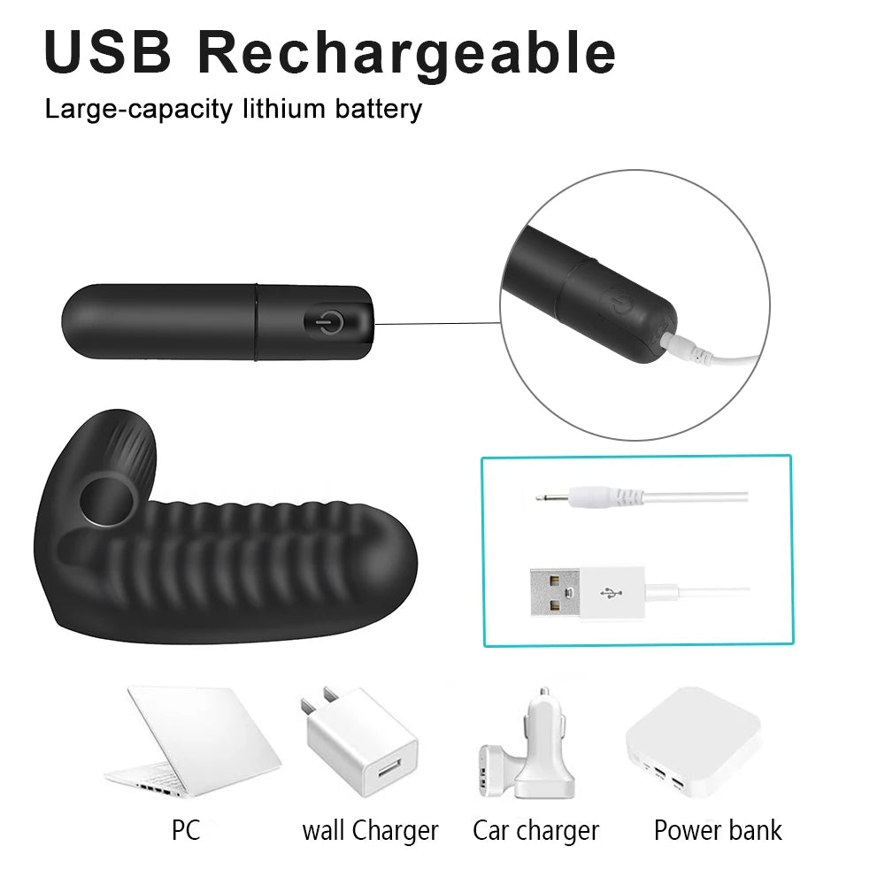 Black USB rechargeable finger sleeve vibrator with visible USB charging cable and port