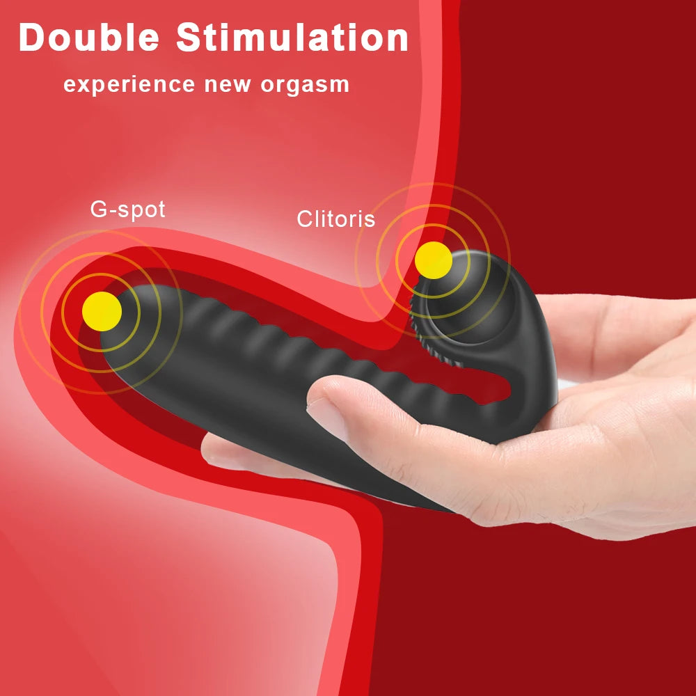 Black double stimulation finger vibrator with two stimulation tips and ridged surface