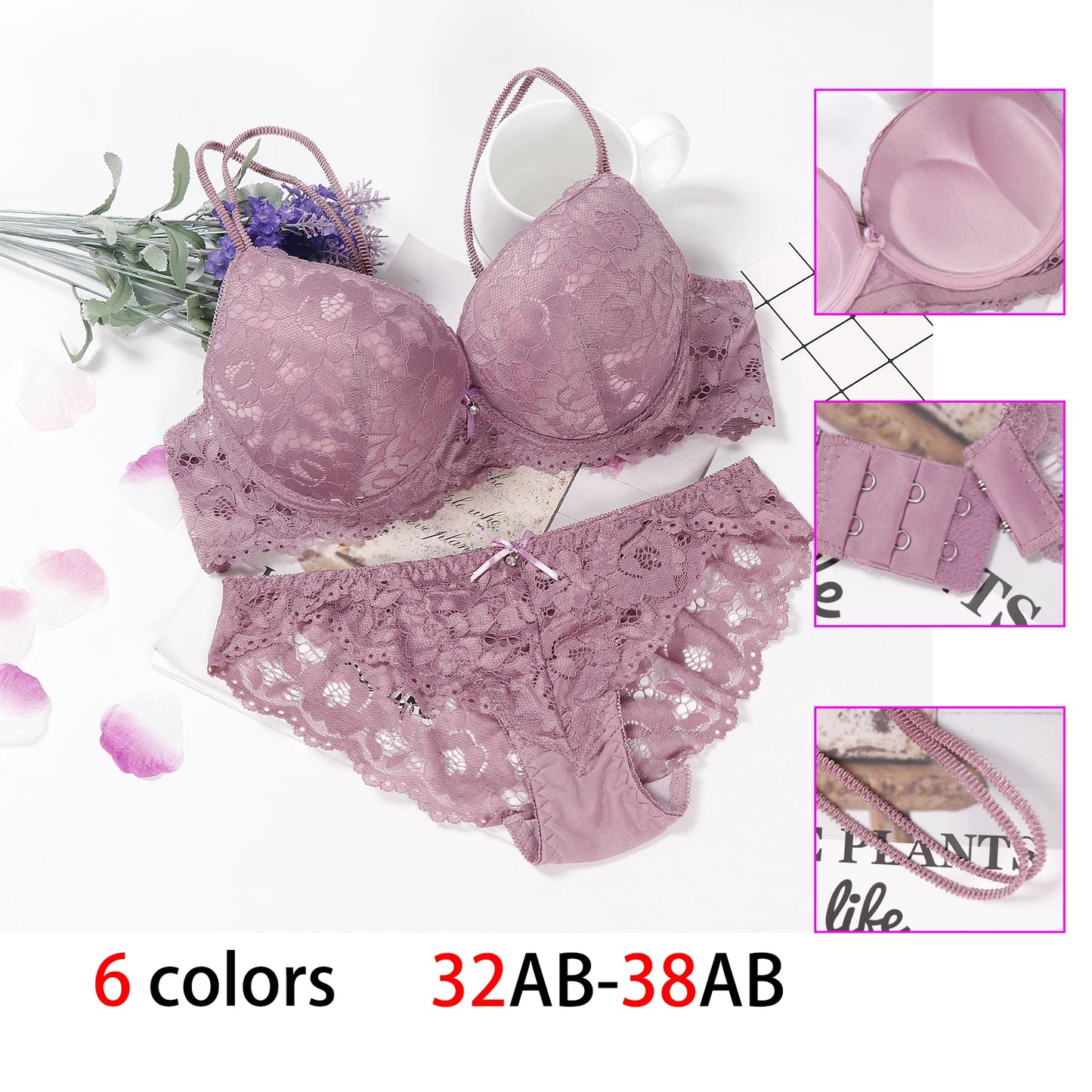 Mauve lace underwired push-up bra and matching briefs, cup and hook detail shown