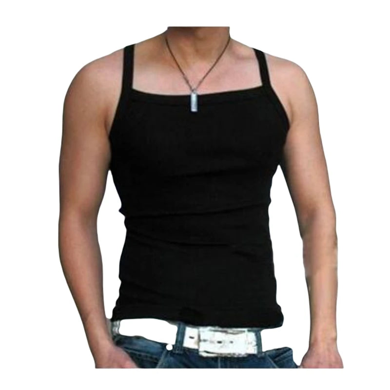 Black spaghetti-strap cotton vest on model, square neckline and fitted length