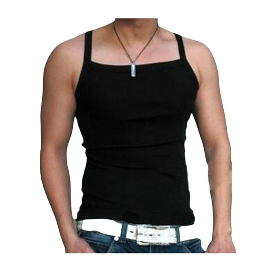 Black men's cotton spaghetti-strap vest with square neck and straight hem