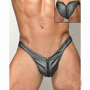 Men's black zip-front g-string thong underwear with front zipper detail