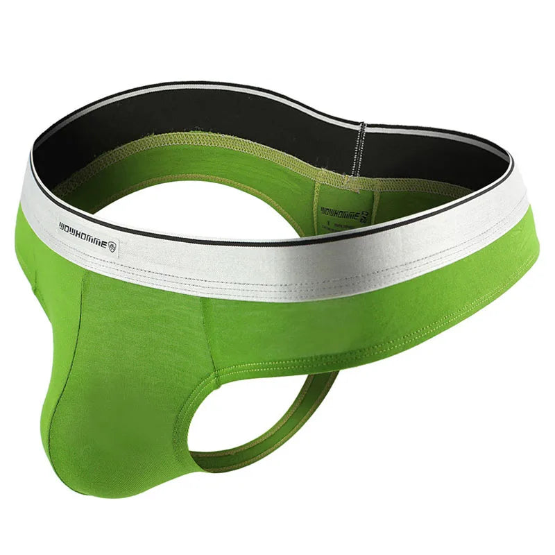 Men’s modal thong bikini brief, green with white waistband trim