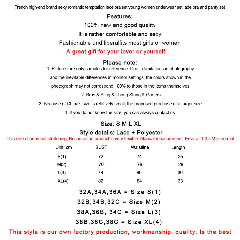 Lingerie size chart and style details for lace bra and panty set