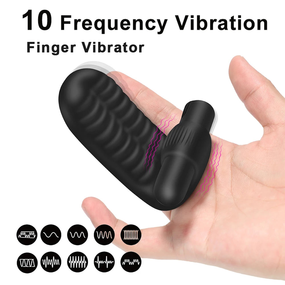 Black finger vibrator with curved ridged sleeve and small control end on hand