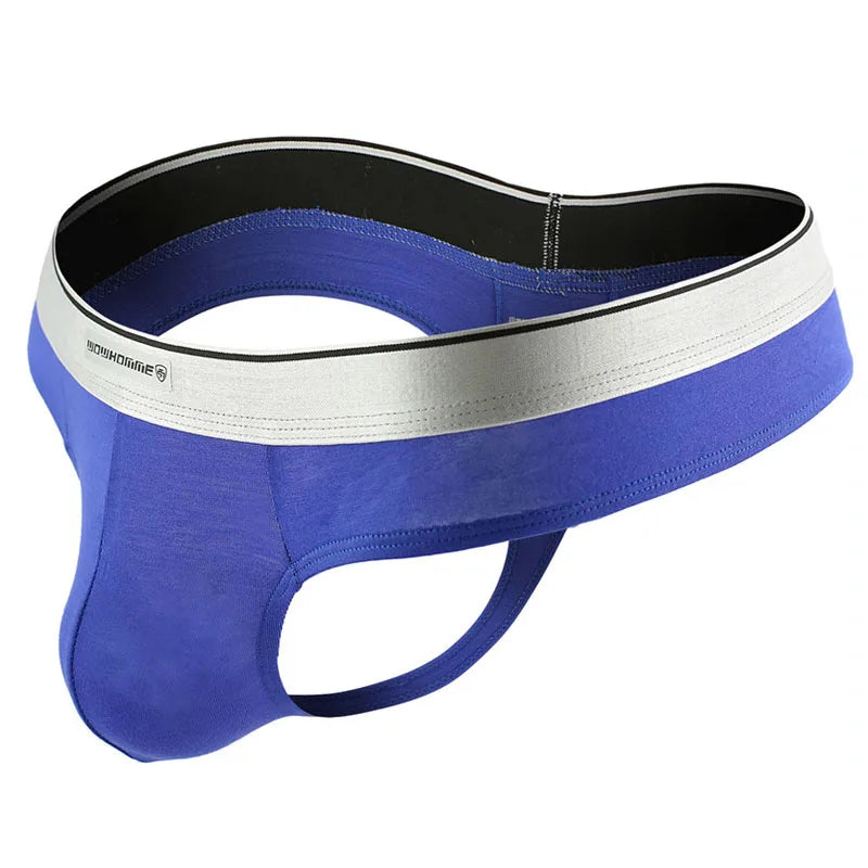 Men’s modal thong bikini brief, royal blue with white waistband trim