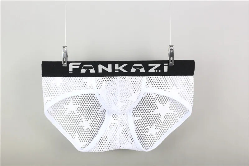 White perforated mesh brief hanging by clips, black waistband with logo