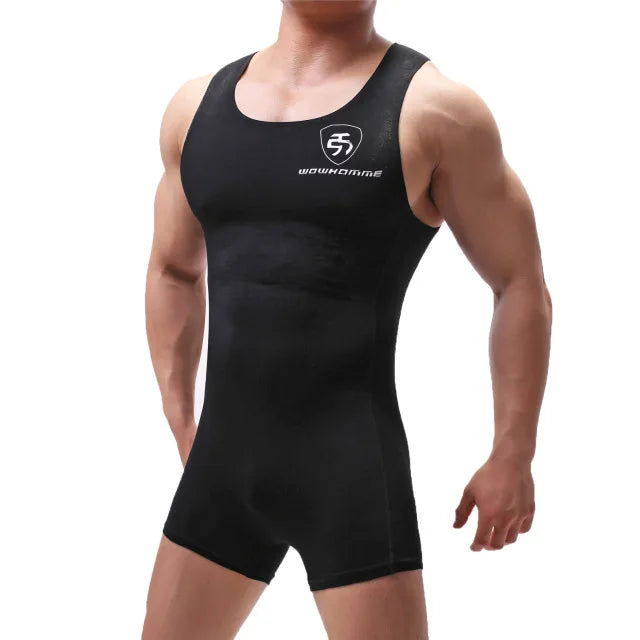 Black sheer mesh singlet bodysuit with short legs and scoop neckline