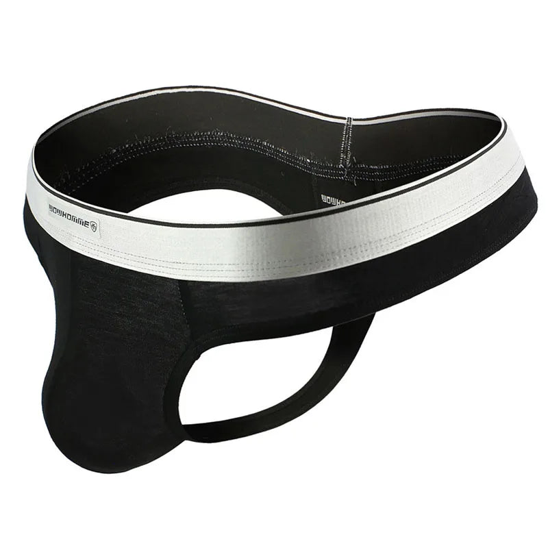 Men’s modal thong bikini brief, black with white waistband trim