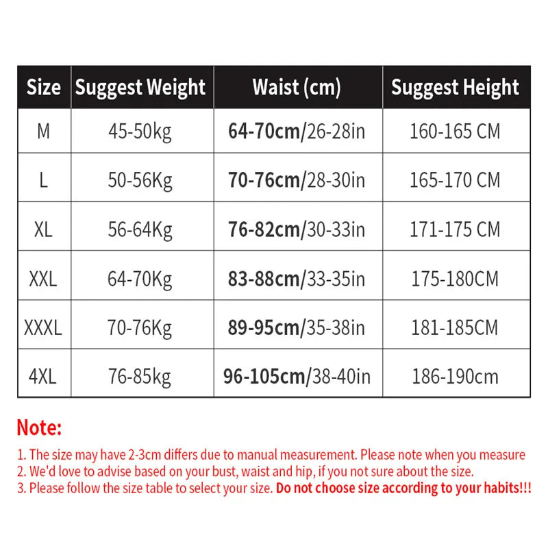 Men's vest size chart table with waist and height measurements