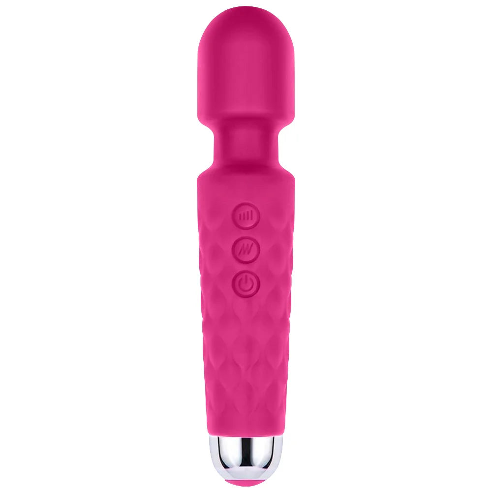 Rose pink g-spot magic wand vibrator with textured grip and three circular control icons
