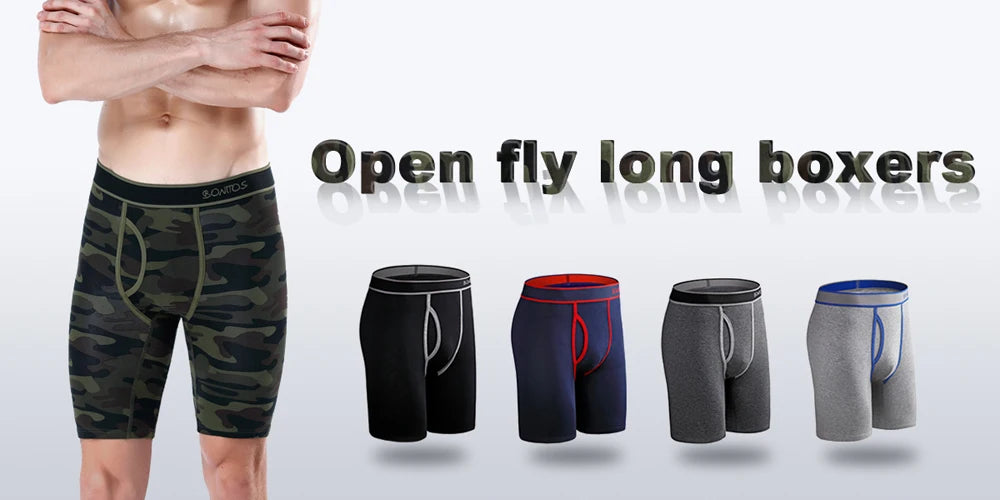 Men's long boxer briefs set with camo pattern and solid color styles.