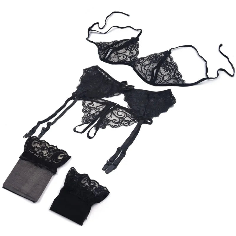 Black lace 4-piece bra, panty, garter & fishnet stockings set