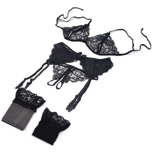 Black lace 4-piece bra, panty, garter & fishnet stockings set