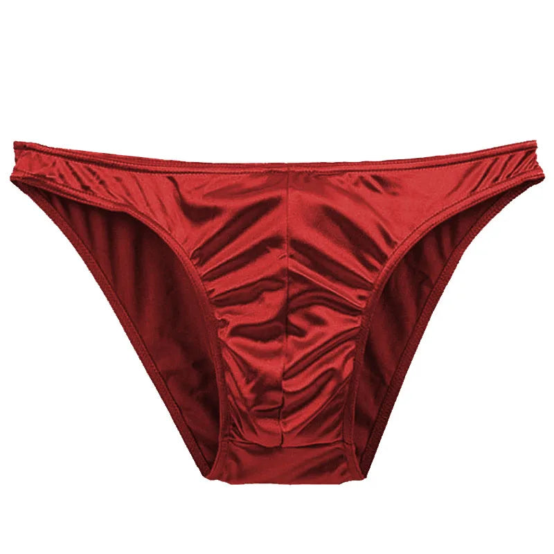 Deep red satin silky brief with ruched front and wide elastic waistband