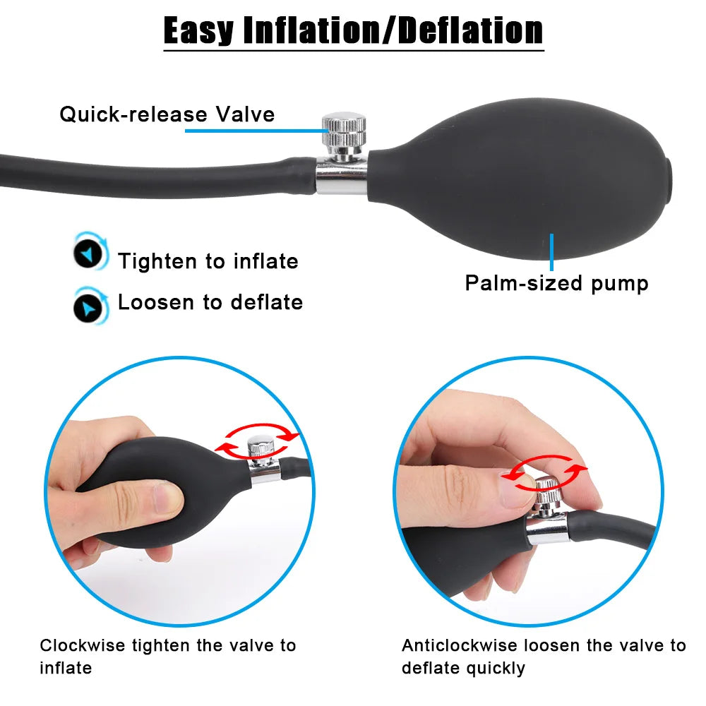 Inflatable anal plug with quick-release valve and palm-sized pump for inflating/deflating