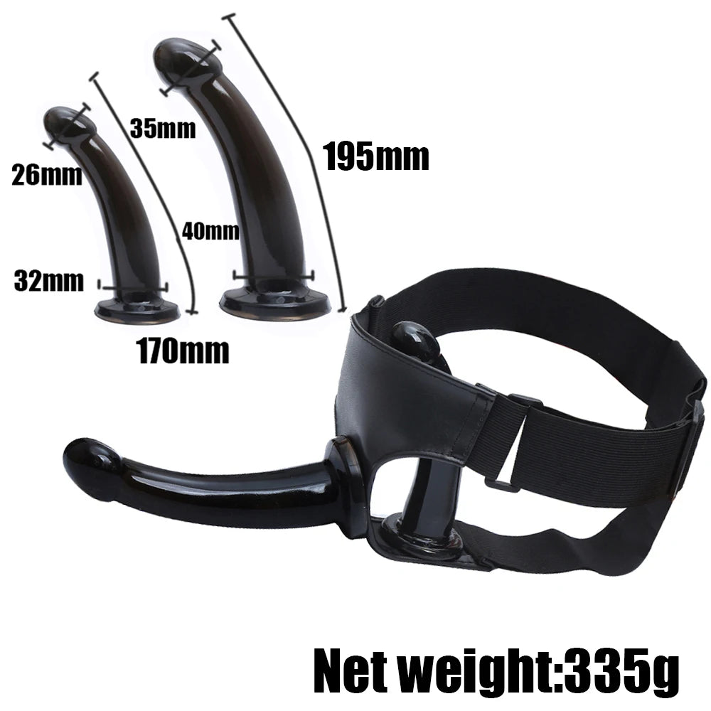 Black strap-on harness with curved dildo; size measurements and net weight text