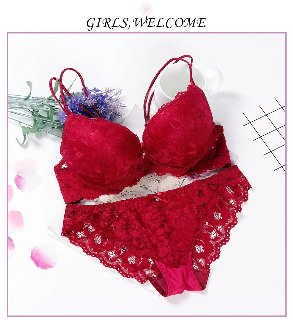 Underwired push-up lace bra set in burgundy with matching lace panties