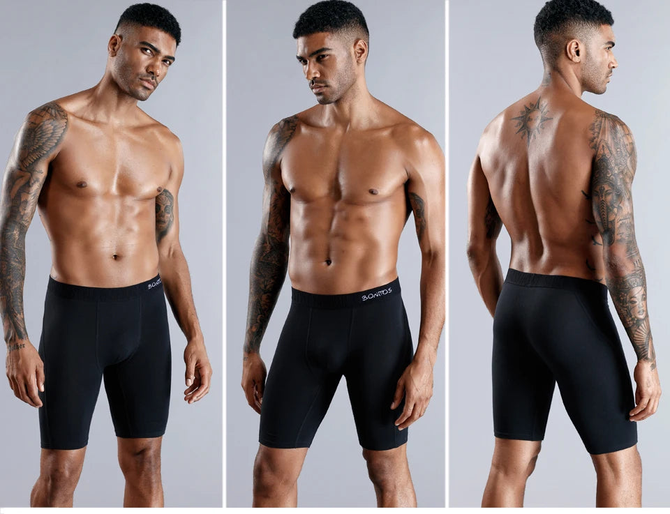 Men's black long boxer briefs with elastic waistband and smooth stretch knit.