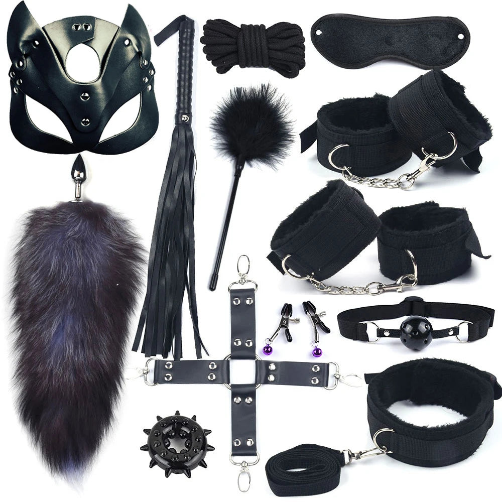 Black bondage set with fox tails: mask, blindfold, collar, cuffs, paddle, plug, flogger