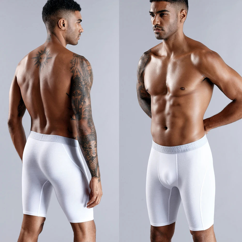 Men's long boxer briefs in white with elastic waistband and fly front.