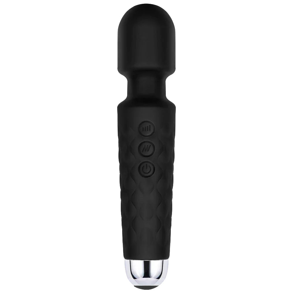 Black g-spot magic wand vibrator with textured handle and three circular control icons