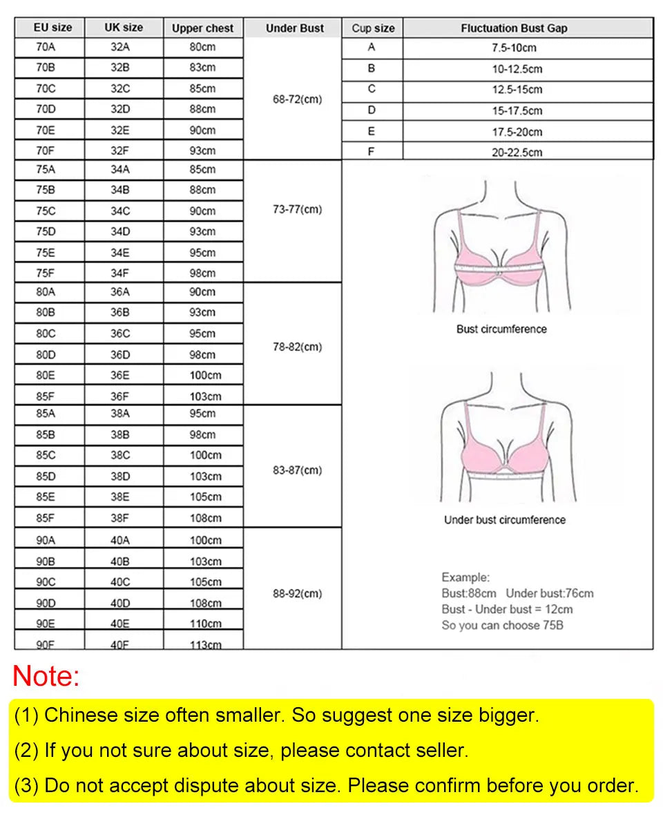 Size chart overlay with illustrated underwired lace push-up bra and matching panties set