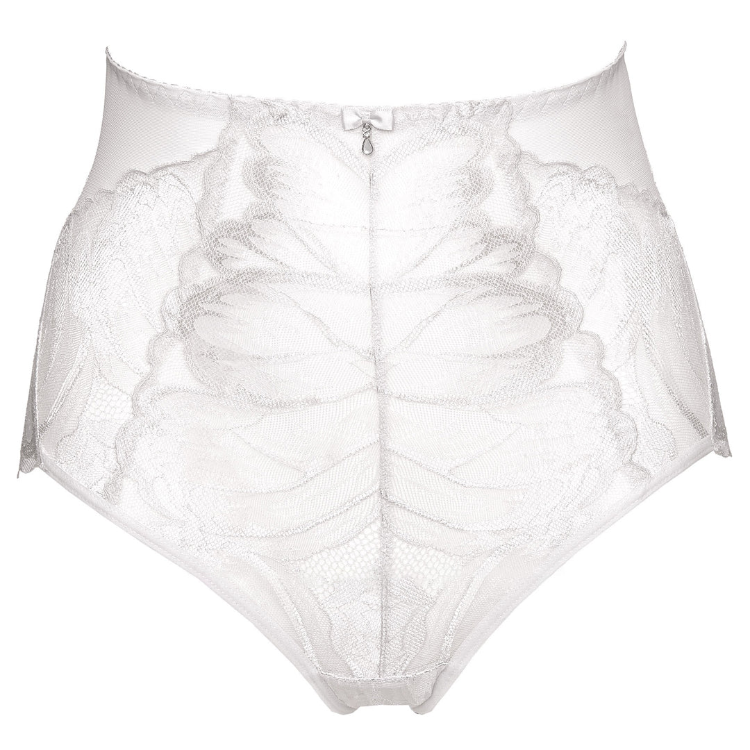 White high-waist lace brief with floral lace pattern and sheer mesh sides