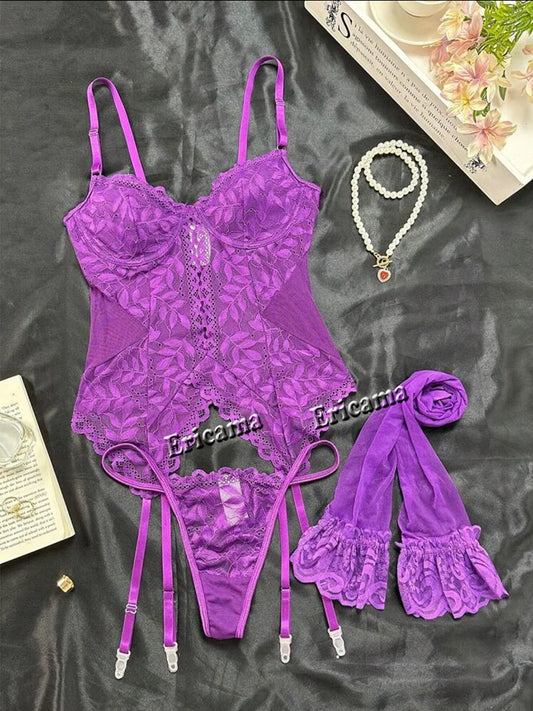 Purple sheer lace bra, panty & garter set; underwire cups and adjustable straps
