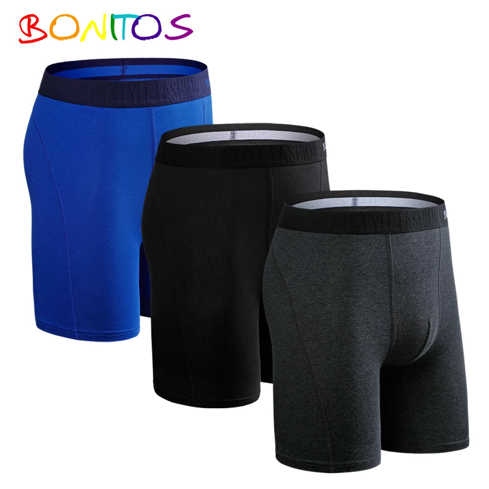 3-pack men's cotton long boxer briefs: blue, black, and dark gray with logo waistband.
