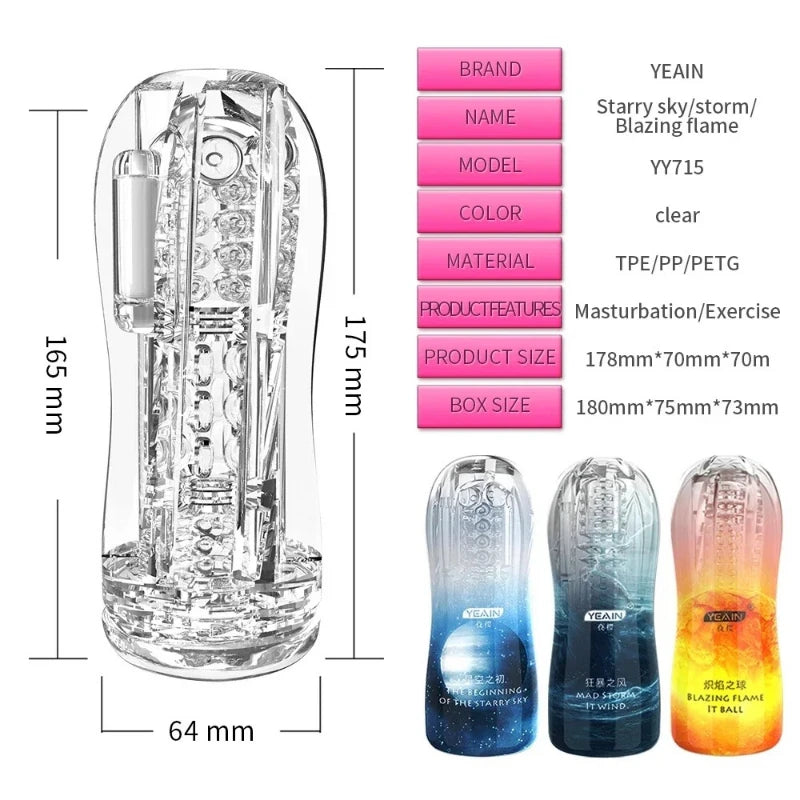 Vibrating stroker cup size diagram with clear and blue and orange/amber color options